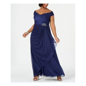 ALEX EVENINGS Womens Navy Sleeveless Off Shoulder Maxi Formal Dress Plus 14W